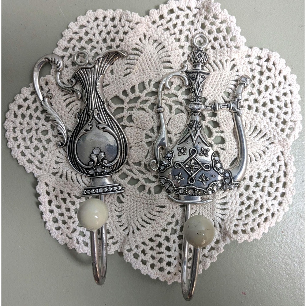 Vintage Silver Tone Pitcher Wall Hooks Set of 2 Ornate Rhinestone Coat Hooks